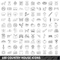 100 Landhaus-Icons gesetzt, Umrissstil vektor