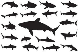 haj siluett, uppsättning av hajar. samling av silhuetter av rovfiskar som simmar vektor
