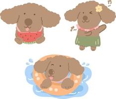 uppsättning av hund seriefigur, spela vatten, dansa och äta vattenmelon vektor