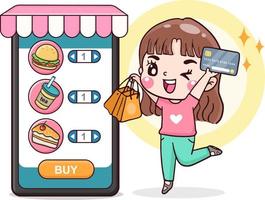 zeichentrickfigur frau online einkaufen, lebensmittellieferung bestellen, mobile einkaufsanwendung, kreditkarte und einkaufstasche halten, flache illustration vektor