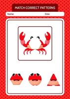 Match-Pattern-Spiel mit Krabben. arbeitsblatt für vorschulkinder, kinderaktivitätsblatt vektor