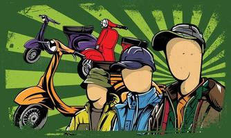 Hintergrund der Vespa-Community. klassische Bannervorlagen. Cartoon-Grunge-Stil, Jahrgang. Scooter-Event-Banner. Vektor-Illustration vektor