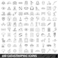 100 katastrofala ikoner set, konturstil vektor