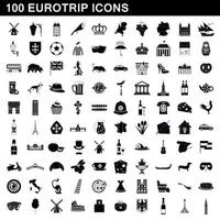 100 Eurotrip-Icons gesetzt, einfacher Stil vektor