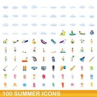 100 sommar ikoner set, tecknad stil vektor
