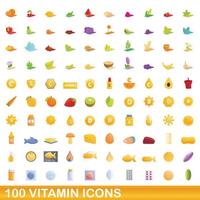 100 vitamin ikoner set, tecknad stil vektor