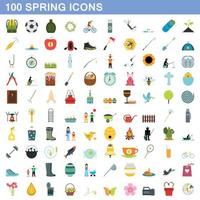100 Frühlingssymbole gesetzt, flacher Stil vektor