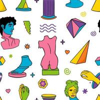 griechisches Trippy-Skulpturenmuster. Cartoon-Vektor-Poster und Banner für Textilien und Verpackungen im psychedelischen Trip-Stil. vektor