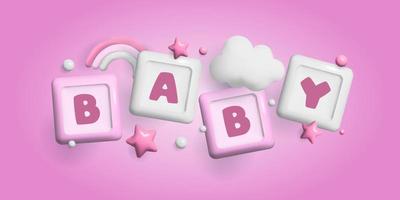 Babydusche 3D-Raum. Bannerposter auf Babyparty im Renderstil. Schriftzug baby. Abbildung im 3D-Stil. vektor