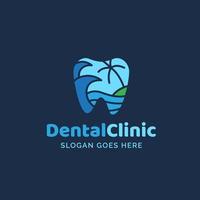 zahnklinik zahnmedizin logo design mit blauen zähnen und strandillustration vektor
