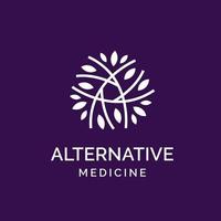 ganzheitliches medizinisches und gesundheitliches Wellness-Logo-Design mit Zweigblattlinienmuster und violetter Farbe vektor