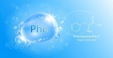 wassertropfen wichtige aminosäure phenylalanin phe, f und chemische strukturformel. Lysin auf blauem Hintergrund. medizinische und wissenschaftliche Konzepte. 3D-Vektor-Illustration. vektor