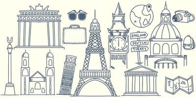 hand ritning doodle resor element till Europa med turist utrustning vektor