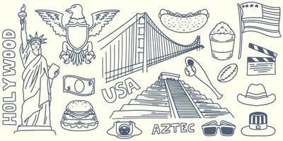 handzeichnung doodle reiseelemente gehen nach amerika touristenausrüstung vektor