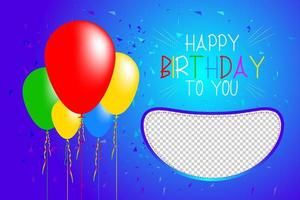 blå färg grattis på födelsedagen firande bakgrund med realistiska ballonger och fotoram design vektor