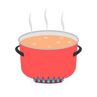 flache illustration der kochenden suppe in einem roten topf auf lokalisiertem hintergrund vektor