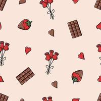 sömlösa mönster ikoner koncept av alla hjärtans dag. vektor doodle romantiska tillbehör en chokladkaka, chokladtäckta jordgubbar, en bukett blommor