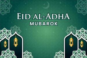 eid al-adha banner mall vektor design med islamisk grön bakgrund och moské, blommor