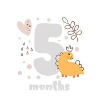 5 fem månaders jubileumskort. baby shower print med söta djur dino och blommor som fångar alla speciella ögonblick. baby milstolpekort för nyfödd flicka vektor