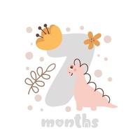7 sieben Monate Jubiläumskarte. Babypartydruck mit süßem Dino-Tier und Blumen, die alle besonderen Momente festhalten. Baby-Meilensteinkarte für neugeborenes Mädchen vektor