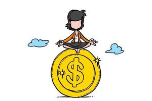 Geschäftsfrau sitzt oben auf Goldmünze. Konzept der Geld- und Vermögensverwaltung. Cartoon-Vektor-Illustration-Design auf isoliertem Hintergrund vektor