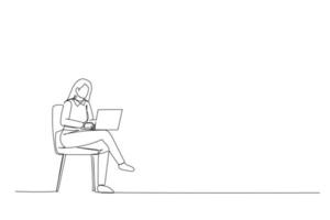 tecknad film av chef vd dam sitta stol använda enhet netbook online kommunicera enda kontinuerlig linje konst stil vektor