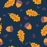 Nahtloses Muster mit Eicheln und Blättern auf dunkelblauem Hintergrund. Vektorgrafiken.