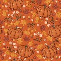 Nahtloses Muster mit Blumen, Herbstblättern und Kürbissen. Vektorgrafiken