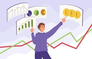 Investoren mit digitaler Börse. Bitcoin kaufen. Analyse des digitalen Finanzmarktes. Investoren im digitalen Markt. flache grafische Vektorgrafiken vektor