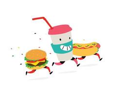 Charaktere Hamburger, Hotdog, Cocktailbecher. Vektor. Logos für Fastfood. lustige illustration der lebensmittellieferung. karikaturschilder, embleme für das restaurant. Maskottchen für Cafés. vektor