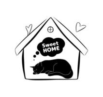 söta hem isolerade vektor utskriftsmall. söt kattdjur sover. enkel platt svart kontur skiss doodle ritning. mysigt hem koncept, grafiskt emblem.