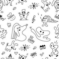 Vektor nahtlose handgezeichnete Doodle-Muster mit Tieren unterschiedlicher Form und abstrakten Elementen. Vektortextur im kindlichen Stil, ideal für Stoffe und Textilien, Tapeten, Hintergrund.