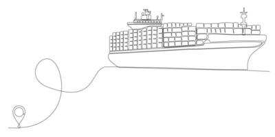 Liniensymbol Vektorzeichnung der durchgehenden Linienzeichnung der Frachtschifflinie vom Hafen von Oulis Route mit Startpunkt und einzeiliger Spur - Vektorillustration. - Vektor