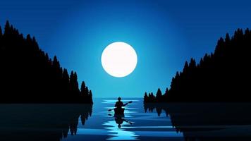 fullmåne vid kusten med en man på kanot vektor