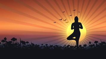 Frau macht Yoga-Illustration mit Sonnenaufgang im Hintergrund vektor