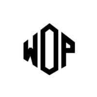 wop brev logotyp design med polygon form. wop polygon och kub form logotyp design. wop hexagon vektor logotyp mall vita och svarta färger. wop monogram, affärs- och fastighetslogotyp.