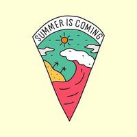 Der Sommer steht vor der Tür und Sommer-Strand-Design für Abzeichen-Patch-Emblem-Grafik-Vektorkunst-T-Shirt-Design vektor