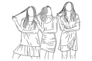 glada kvinnor grupp flicka bästa vän älskar linjekonst handritad stil illustration vektor