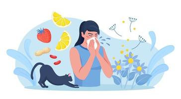 Frau mit Allergie gegen Pollen, Katzenfell, Zitrusfrüchte, Erdnüsse oder Beeren. laufende Nase und tränende Augen. saisonale Krankheit. Ursachen von Allergien. Krankheit mit Husten-, Erkältungs- und Niessymptomen vektor