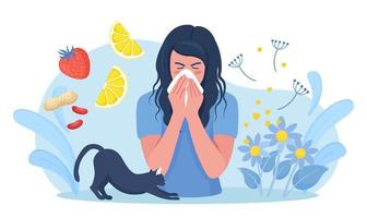 Frau mit Allergie gegen Pollen, Katzenfell, Zitrusfrüchte, Erdnüsse oder Beeren. laufende Nase und tränende Augen. saisonale Krankheit. Ursachen von Allergien. Krankheit mit Husten-, Erkältungs- und Niessymptomen vektor