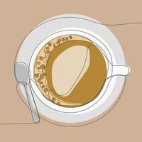 kontinuierliche einzeilige zeichnung einer kaffeetasse mit teller und löffel vektor