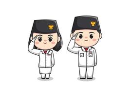 süße junge und mädchen charakter erbe flagge hisst truppe indonesien unabhängigkeitstag mit salut posieren flache karikaturillustration chibi kawaii vektor