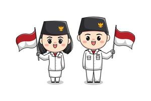 niedliche junge und mädchen charakter erbe flagge hisst truppe indonesien unabhängigkeitstag flache karikaturillustration chibi kawaii vektor