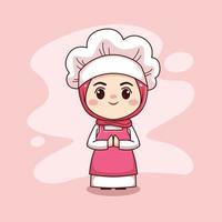 söt och kawaii muslimsk kvinnlig kock som bär hijab tecknad manga chibi vektor karaktärsdesign