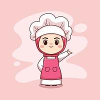 süße und kawaii muslimische köchin mit hijab-cartoon-manga-chibi-vektorcharakterdesign vektor