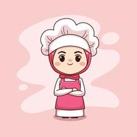 süße und kawaii muslimische köchin mit hijab-cartoon-manga-chibi-vektorcharakterdesign vektor