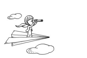 asiatische muslimische Geschäftsfrau auf Papierflieger mit Teleskop. konzept von vision, mission, ziel und ziel. Cartoon-Vektor-Illustration-Design vektor