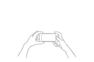 Person, die mit beiden Händen fotografiert. Smartphone, handgezeichnete Illustration, Vektorskizze vektor