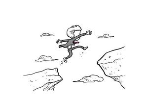 Geschäftsmann springt durch die Lücke zwischen Hügel. Mann springt über Klippe. Charakter-Vektor-Illustration-Design vektor