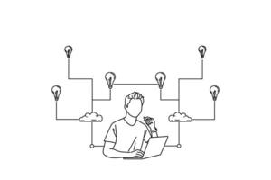 illustration eines geschäftsmannes, der mit einem laptop sitzt und an einem projekt arbeitet, das großartig innovativ ist vektor
